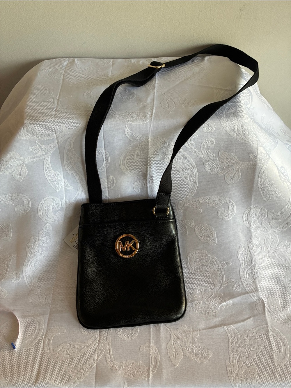 Michael Kors Black Leather Crossbody with Gold MK Emblem